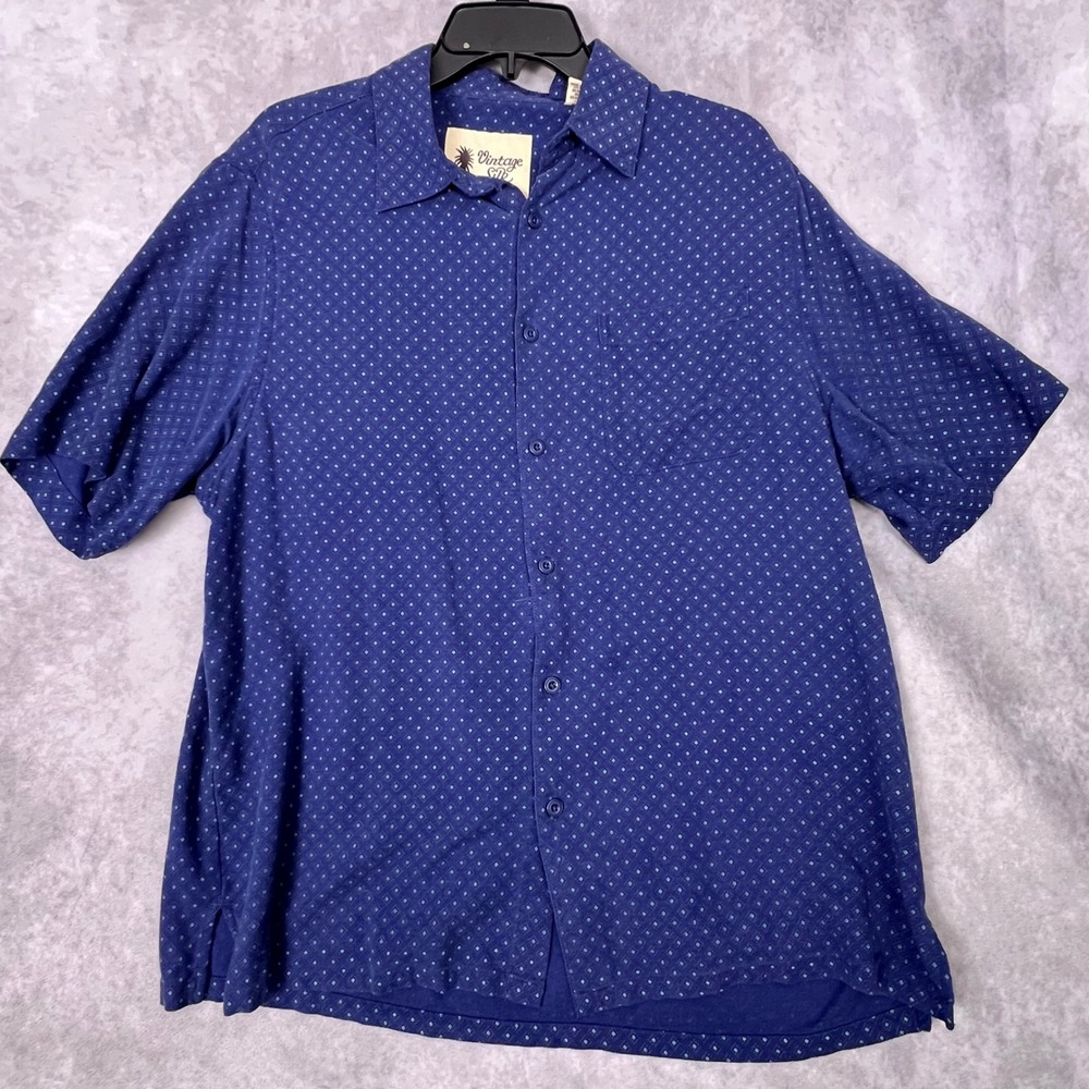 Vintage Silk Shirt Mens XL Blue Geometric Diamond 100% Silk Short Sleeve